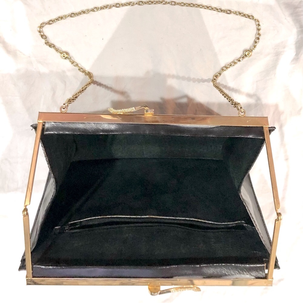 PIERE CARDIN black leather kiss lock chain clutch/purse size 9x7 great condition - Picture 3 of 15